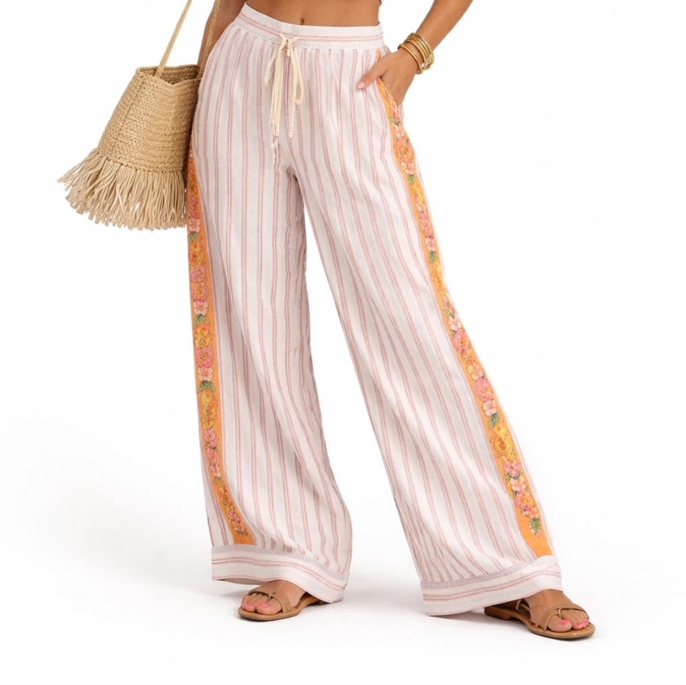 NWT Aratta Wide Leg Floral Striped Boho Lined Drawstring Pants Large